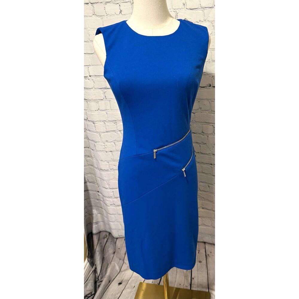 Calvin Klein Blue Sleeveless Sheath Dress Knit Stretch Zipper Accents Size Small